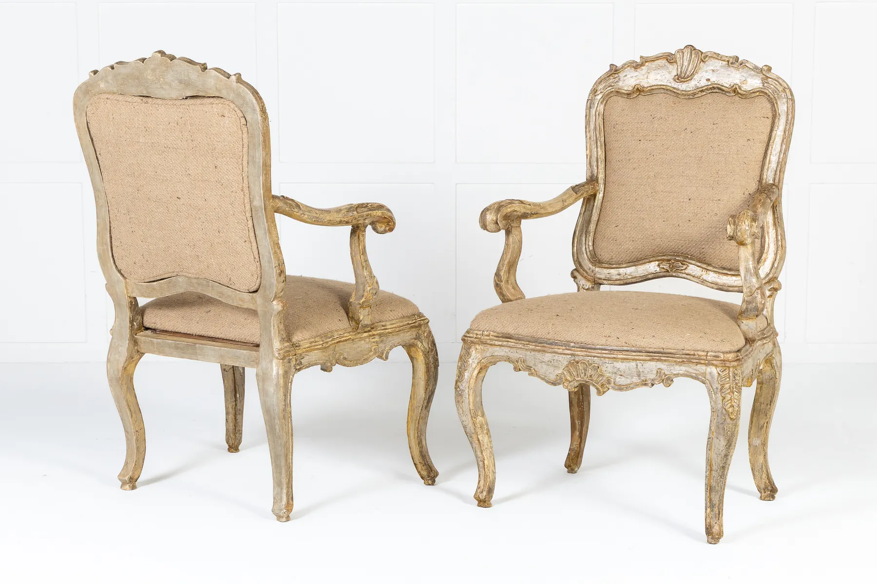 Large Scale Pair of 18th Century Italian Silver Gilt Armchairs