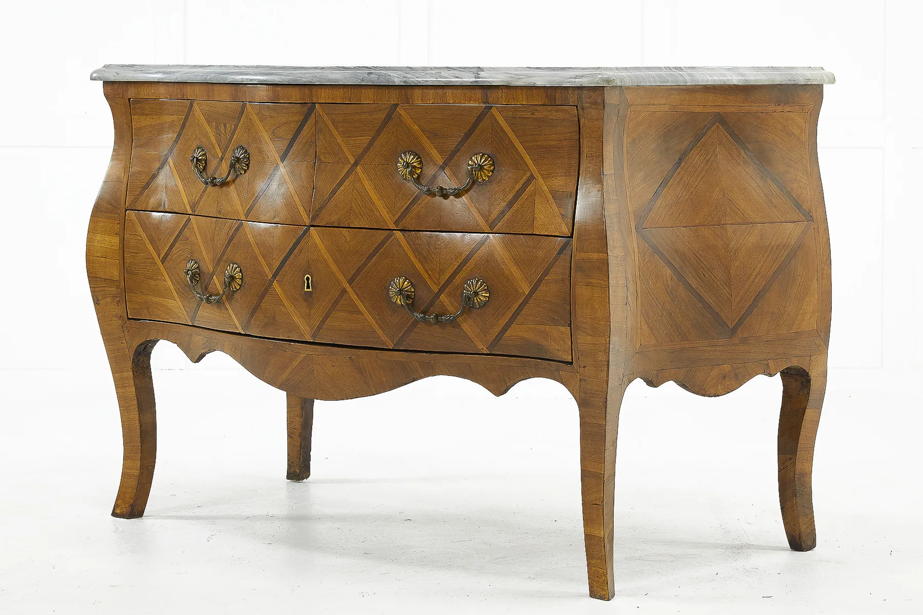SOLD, French 18th Century Walnut Bombe Commode with Marble Top