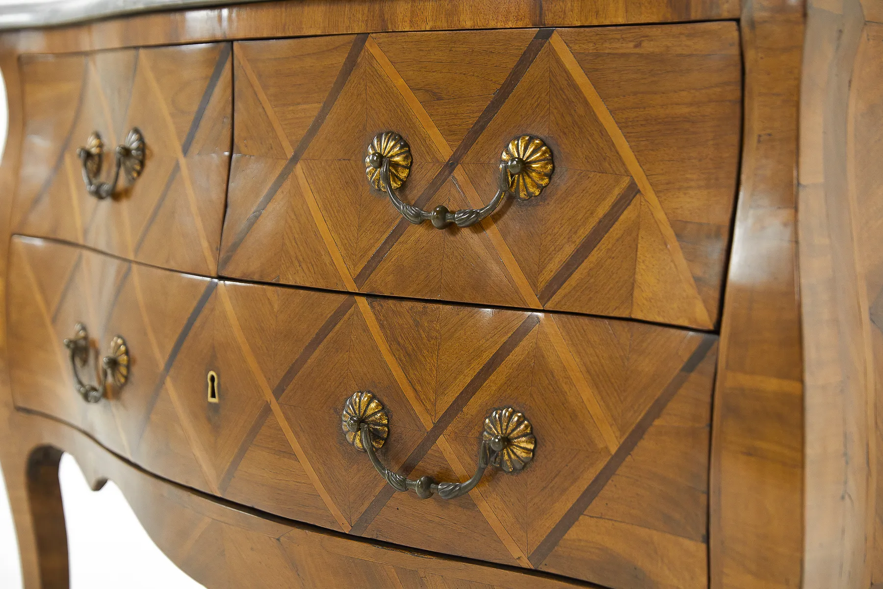SOLD, French 18th Century Walnut Bombe Commode with Marble Top