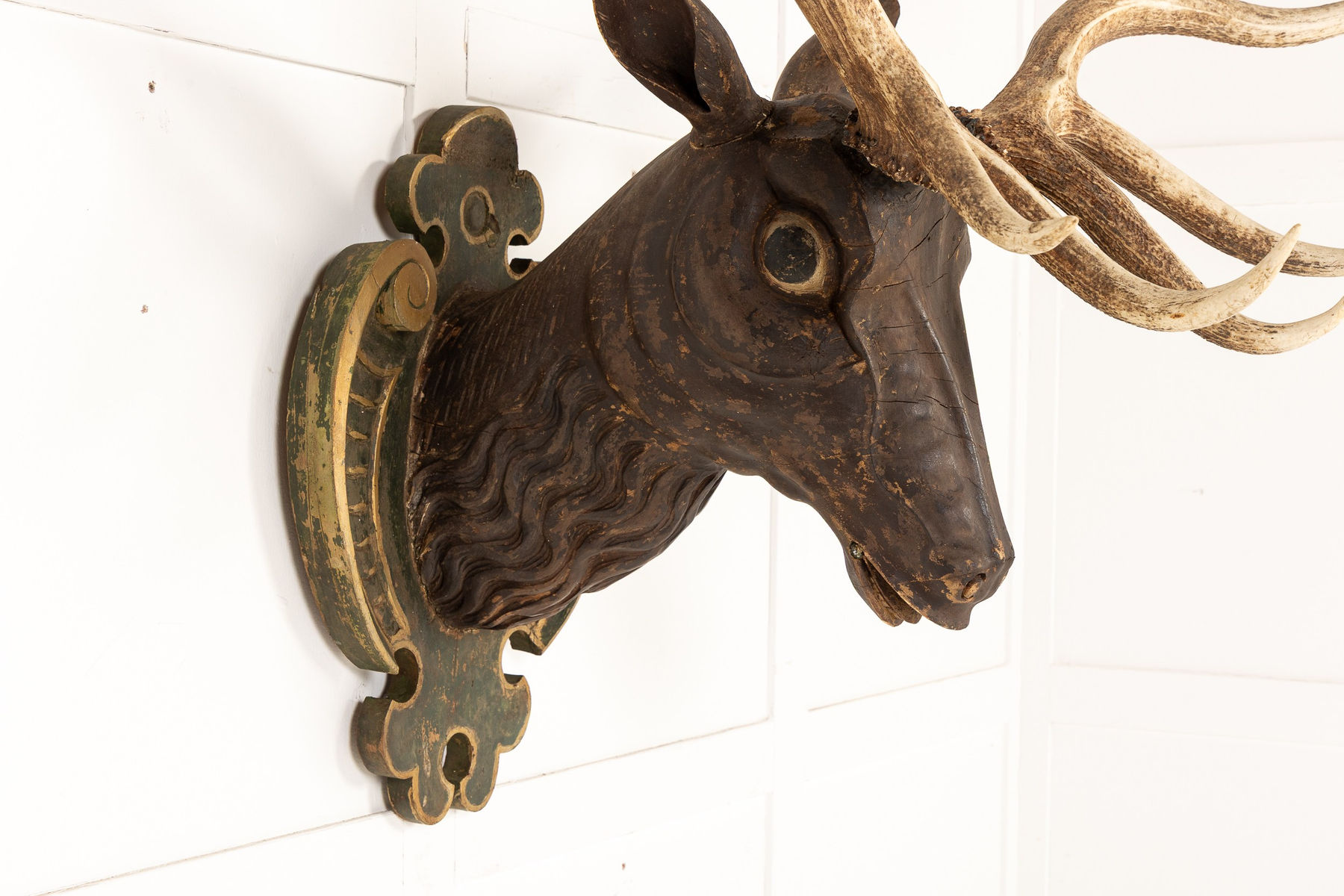 Large Scale 19th Century Carved Wood Stag’s Head