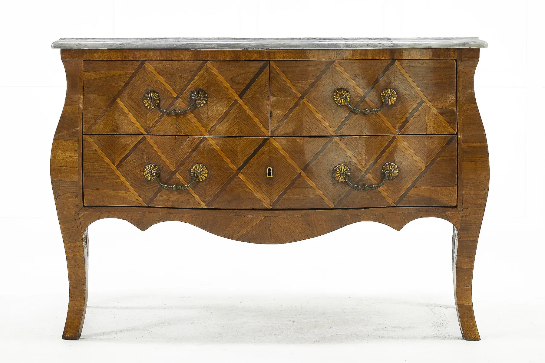 SOLD, French 18th Century Walnut Bombe Commode with Marble Top