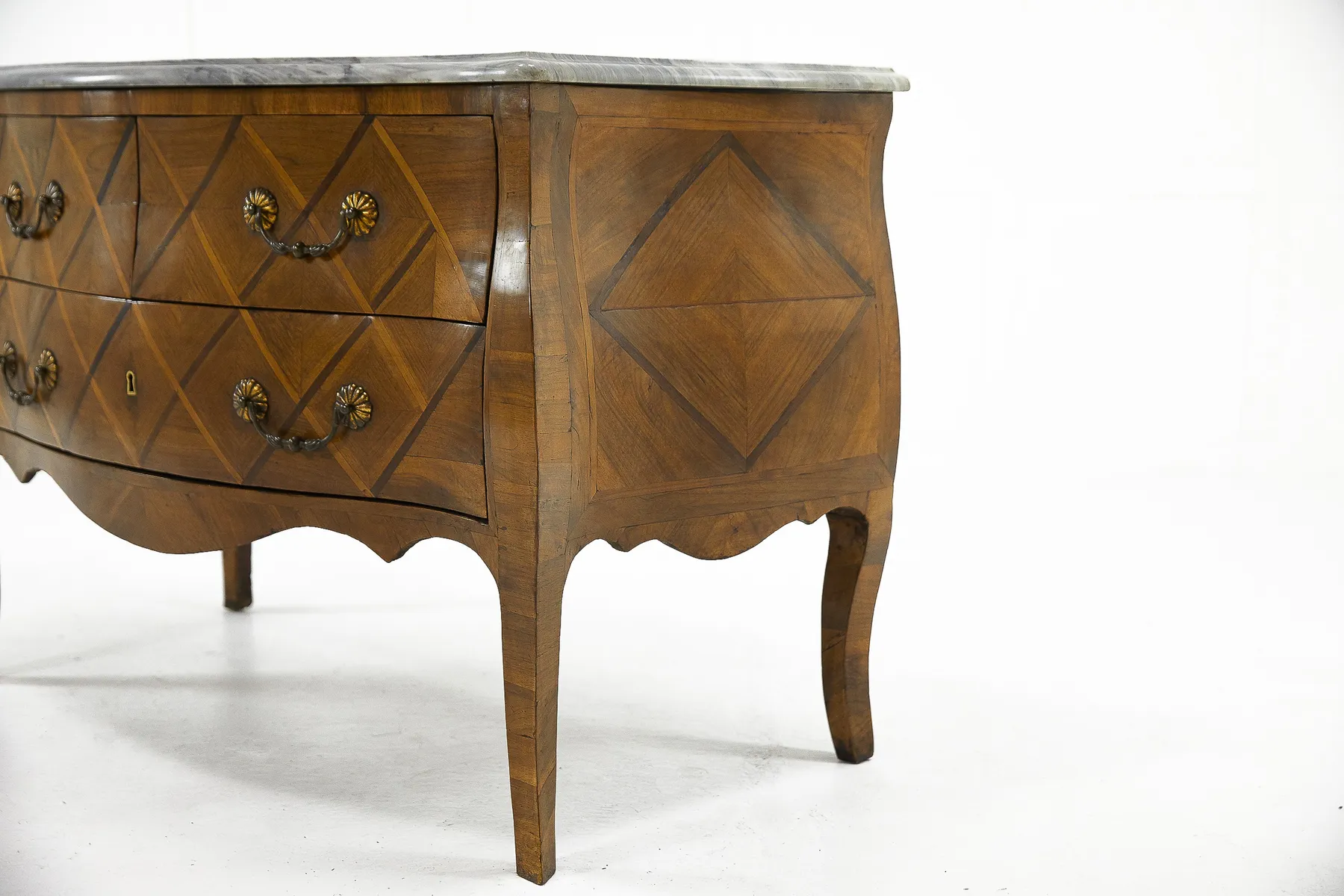 SOLD, French 18th Century Walnut Bombe Commode with Marble Top