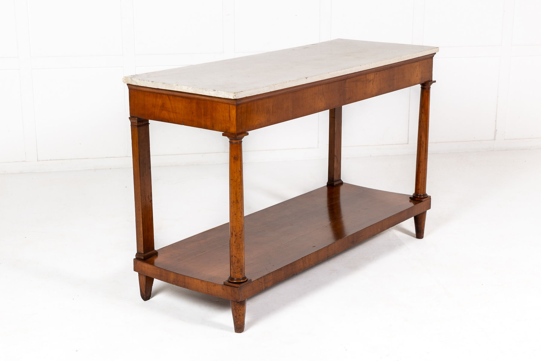 Pair of Early 19th Century Cherry Console Tables with Marble Tops