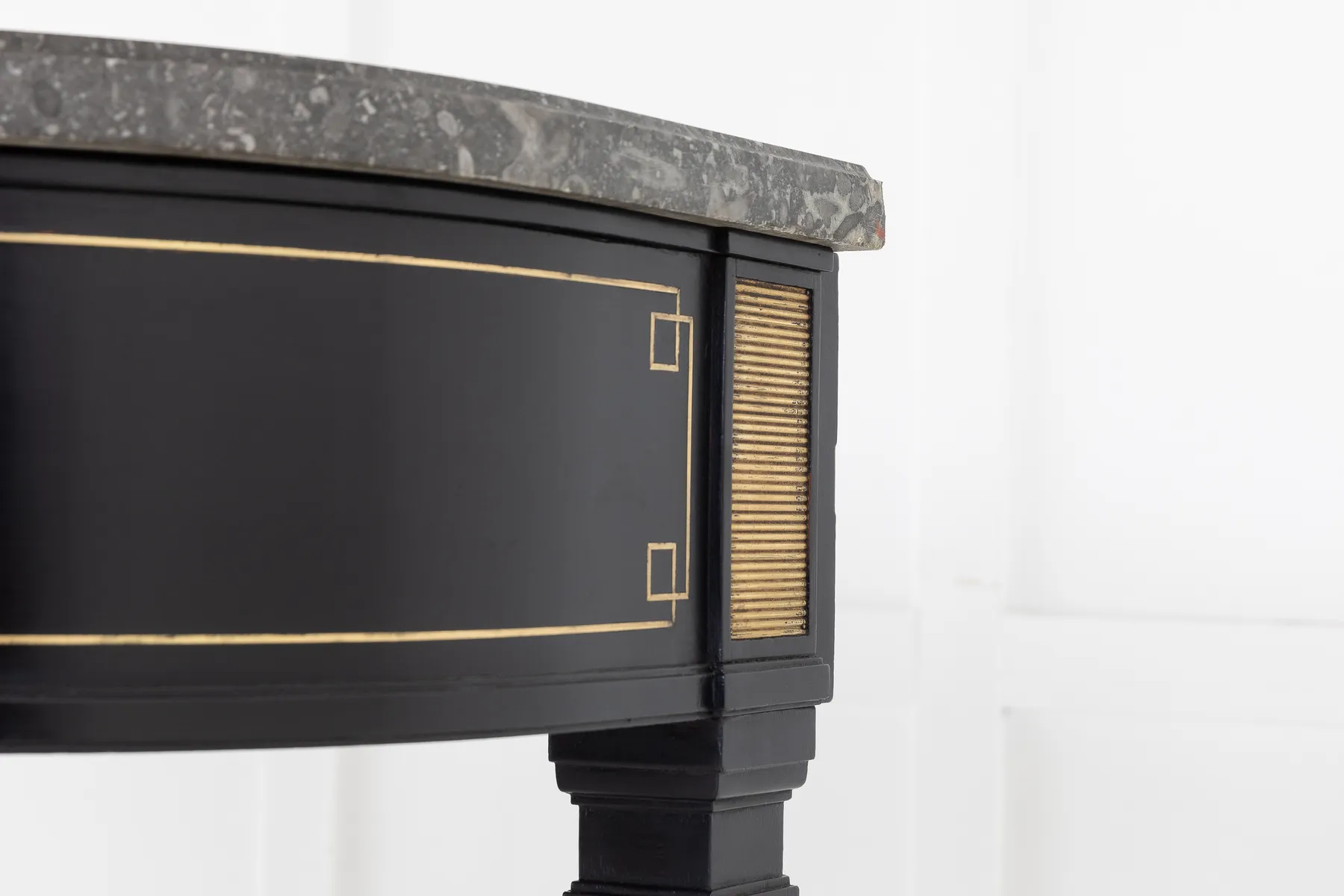 SOLD, Pair of Ebonised Console Tables with Marble Tops