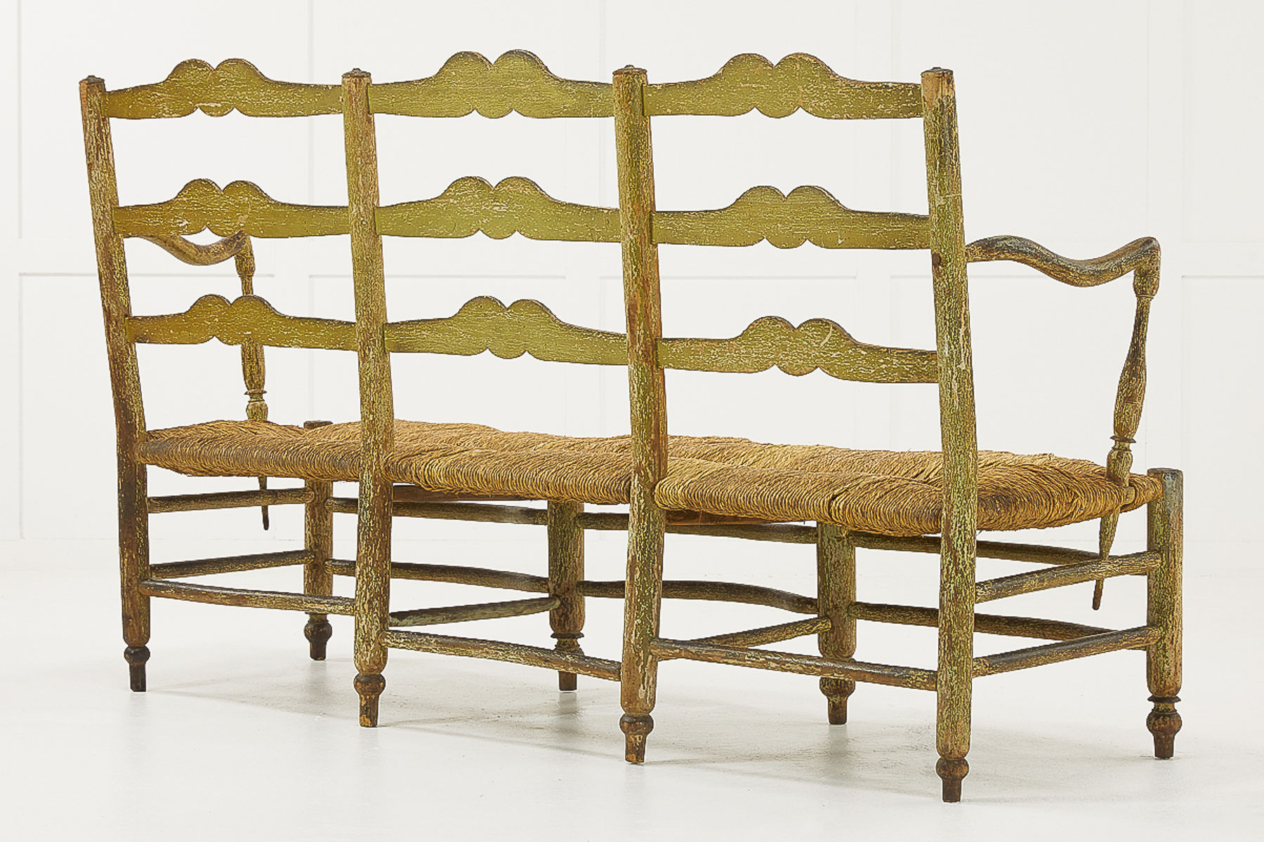 SOLD, 18th Century French Rush Seat Ladder Back Painted Sofa