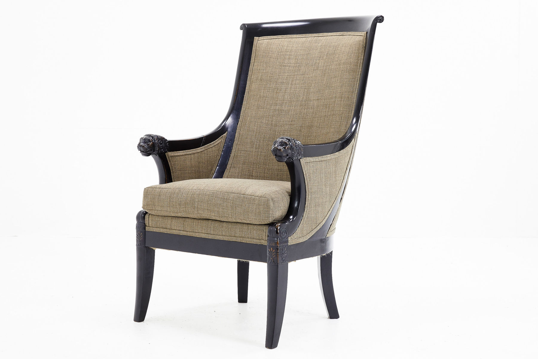 SOLD, 19th Century French Ebonised Armchair with Carved Lion's Heads