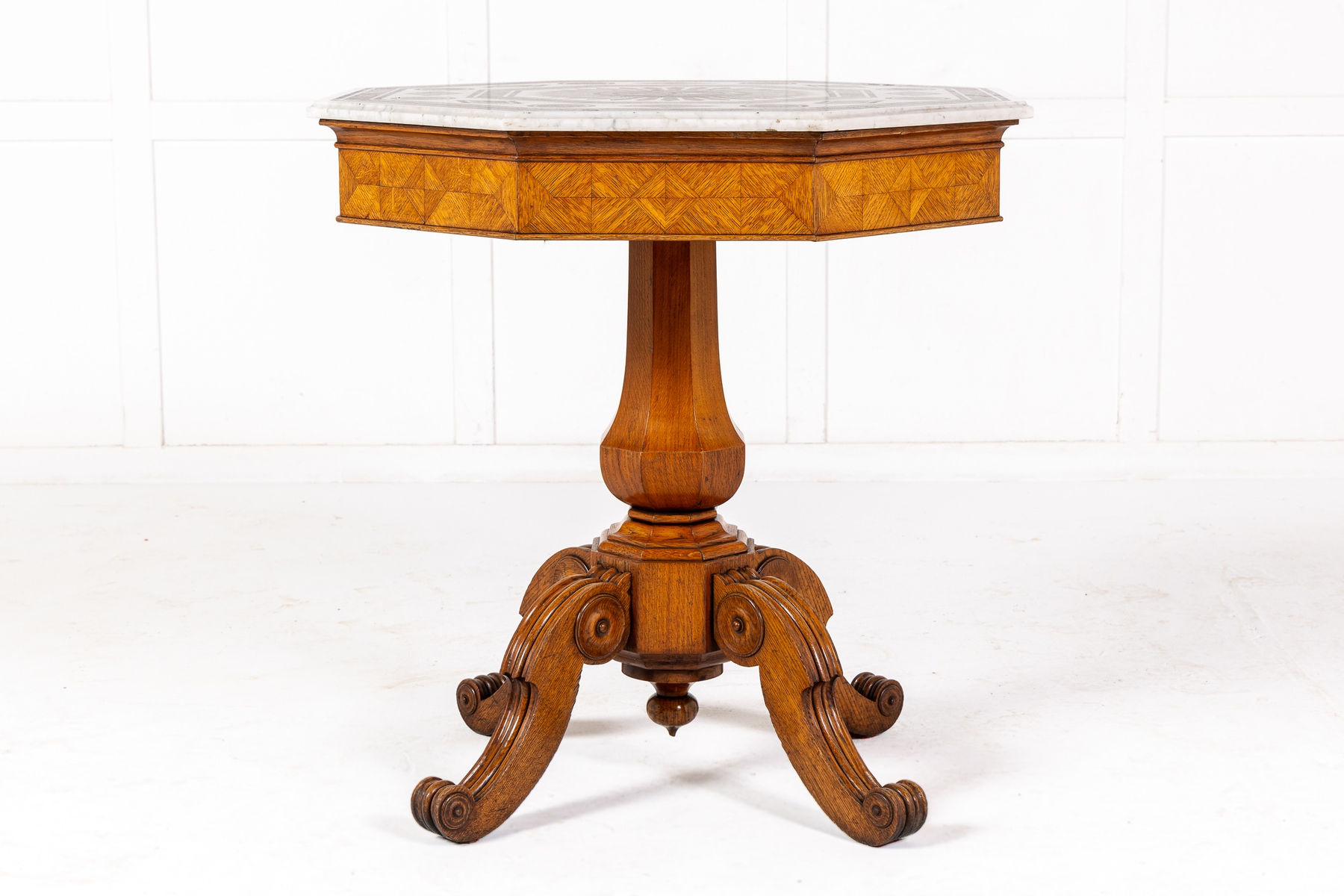 19th Century Italian Oak Octagonal Table with Inlaid Marble Top
