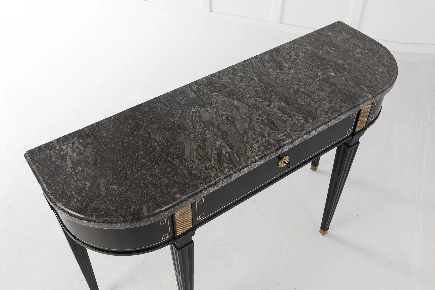 SOLD, Pair of Ebonised Console Tables with Marble Tops