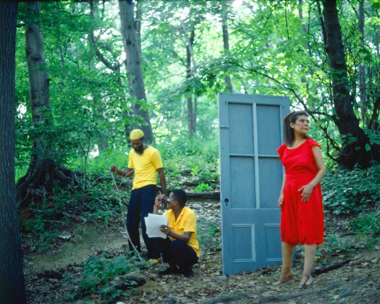 Lorraine O'Grady, Rivers, First Draft: The Woman in Red hesitates outside after the Black Male Artists in Yellow eject her,...