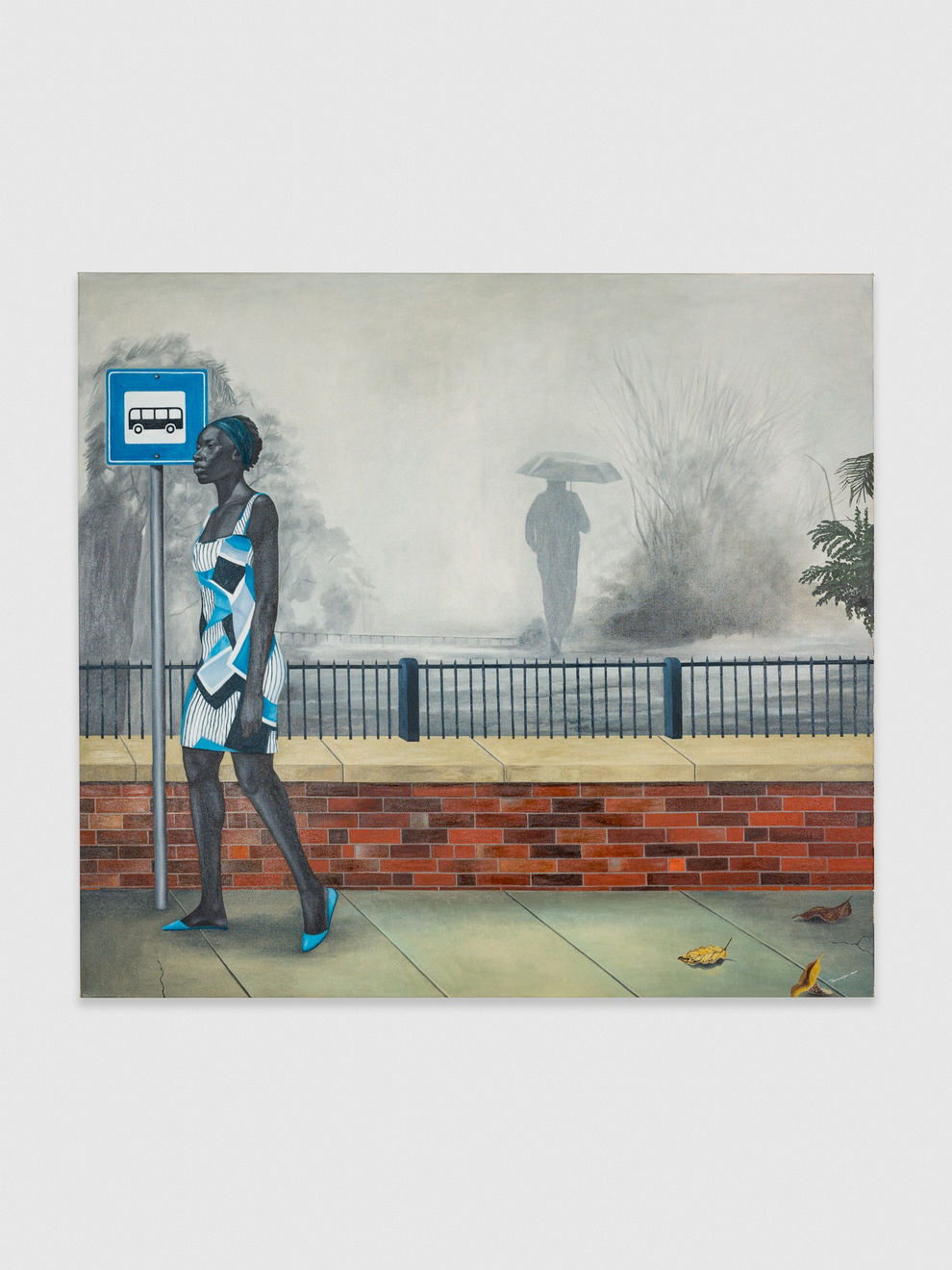 Ian Mwesiga, Lady in a blue dress at a bus stop, 2023