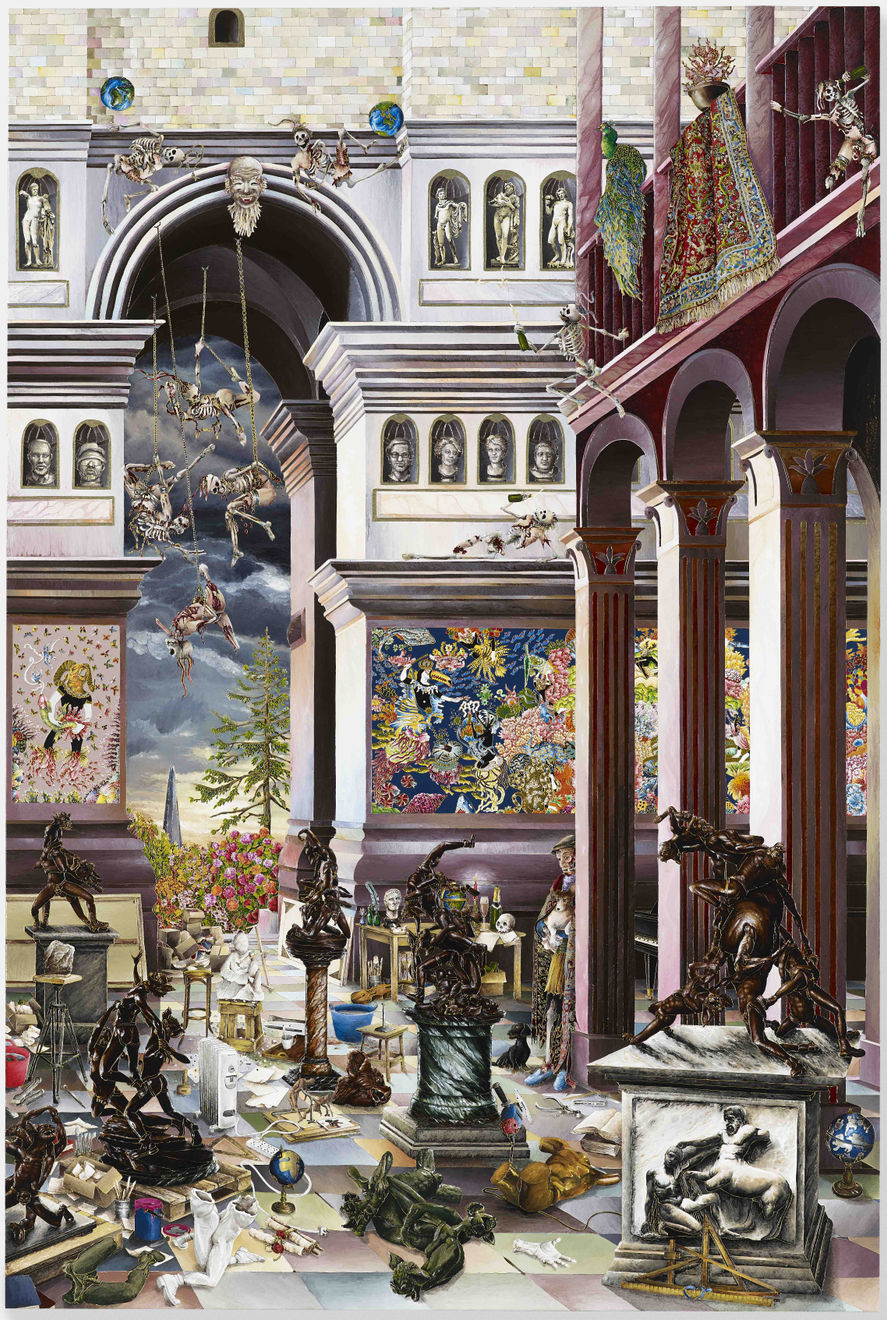 Raqib Shaw, Self portrait in the sculpture studio at Peckham (After Mocetto) I, 2014-2015