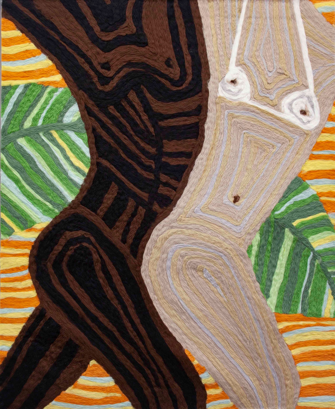 Cheryl Pope, Woman and Man Reclining on Striped Mat VIII, 2019