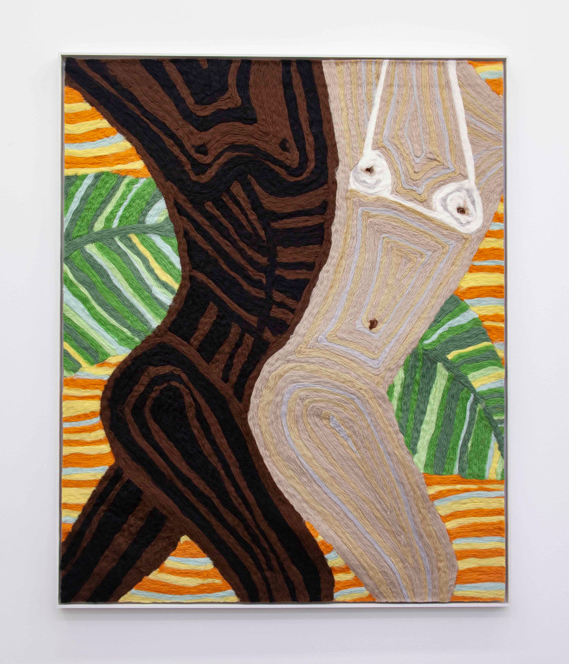 Cheryl Pope, Woman and Man Reclining on Striped Mat VIII, 2019