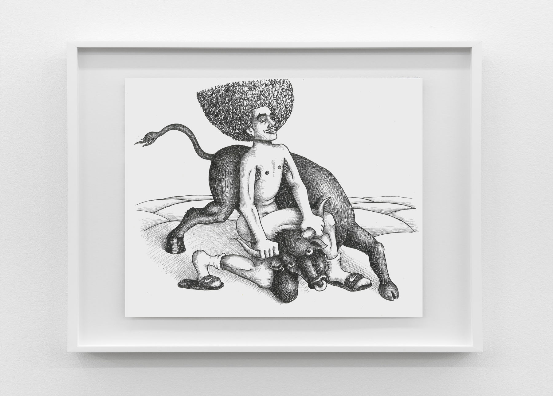 Jake Troyli, Self-portrait as Hercules wrestling the Cretan Bull in socks and slides, 2024