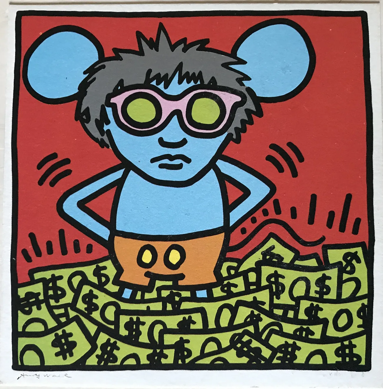 Keith Haring, Andy Mouse promo card. Signed., 1986