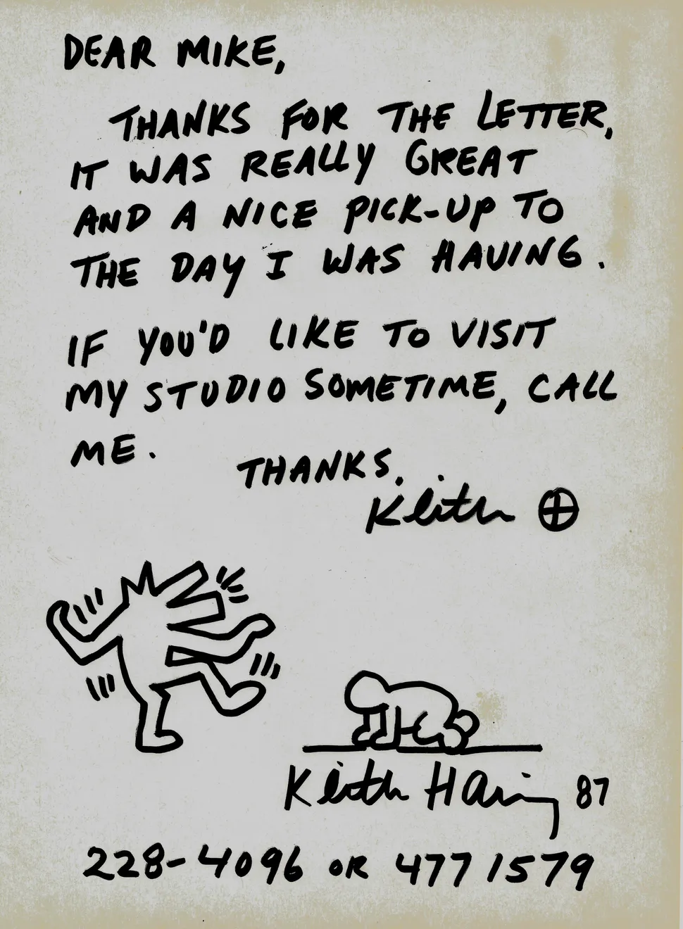 Keith Haring, Letter with barking dog (kentaur) and radient baby., 1987