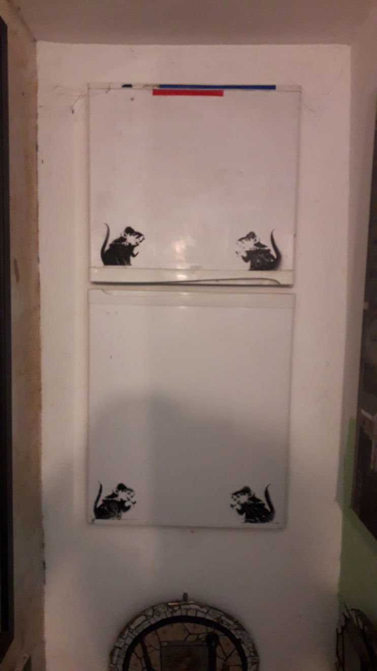 Banksy, "Bowler Hat Rats on fridge panel" aka "Lock Pick Rats" ., ca. 2004