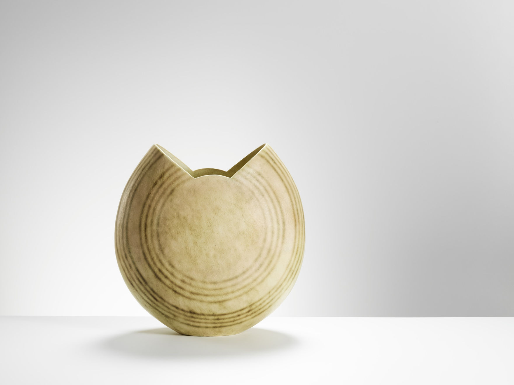 John Ward, Monumental white disc pot with green bands, 1996