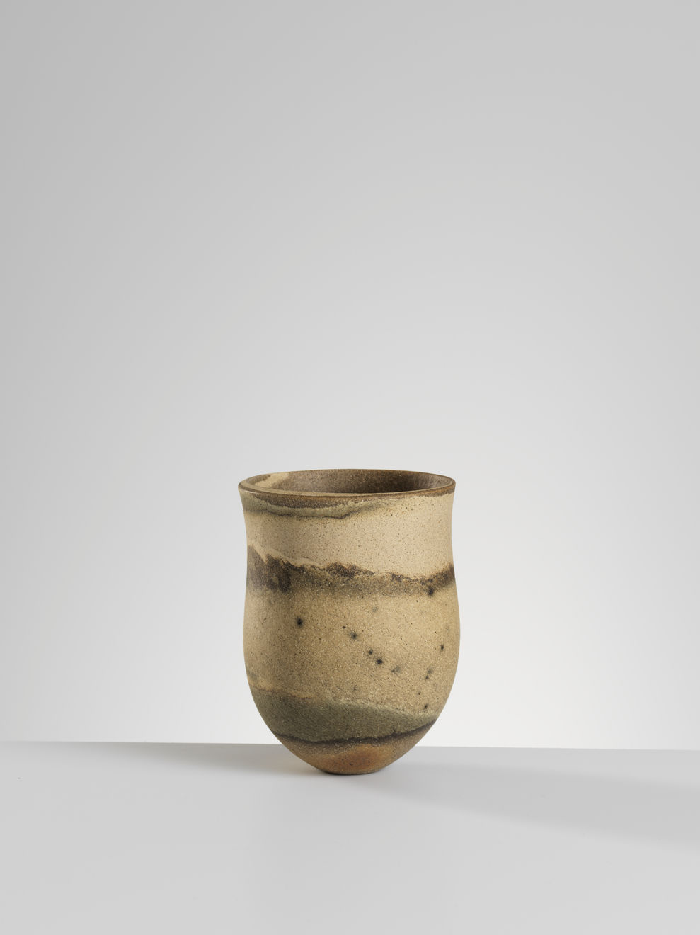 Jennifer Lee, Sand grained, haloed bands, dark base, angled shelf rim, 1994