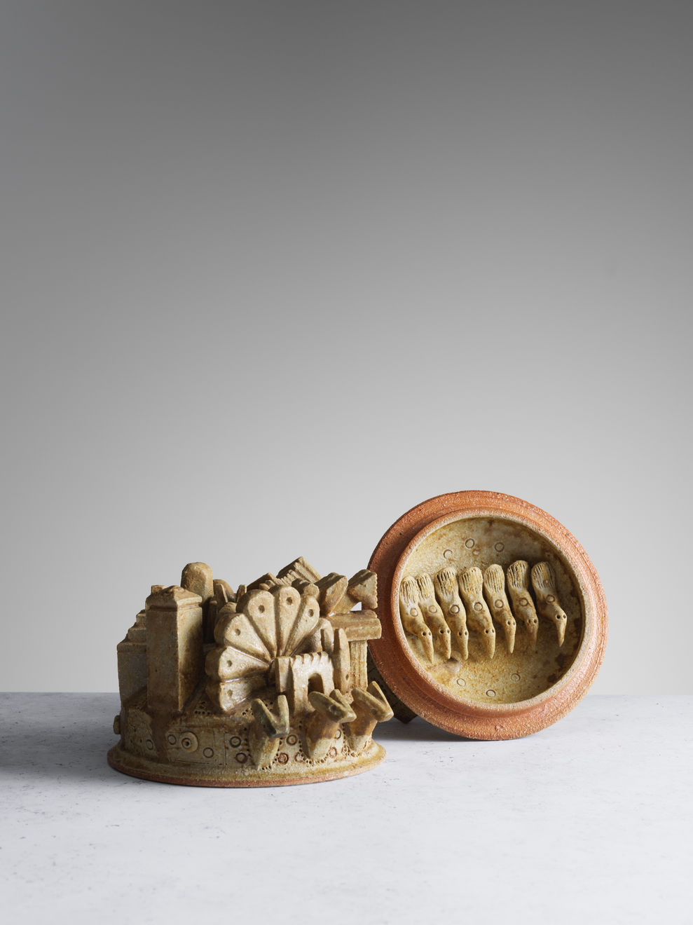Ian Godfrey, Lidded Vessel with City Scape and three heads, c. 1970s