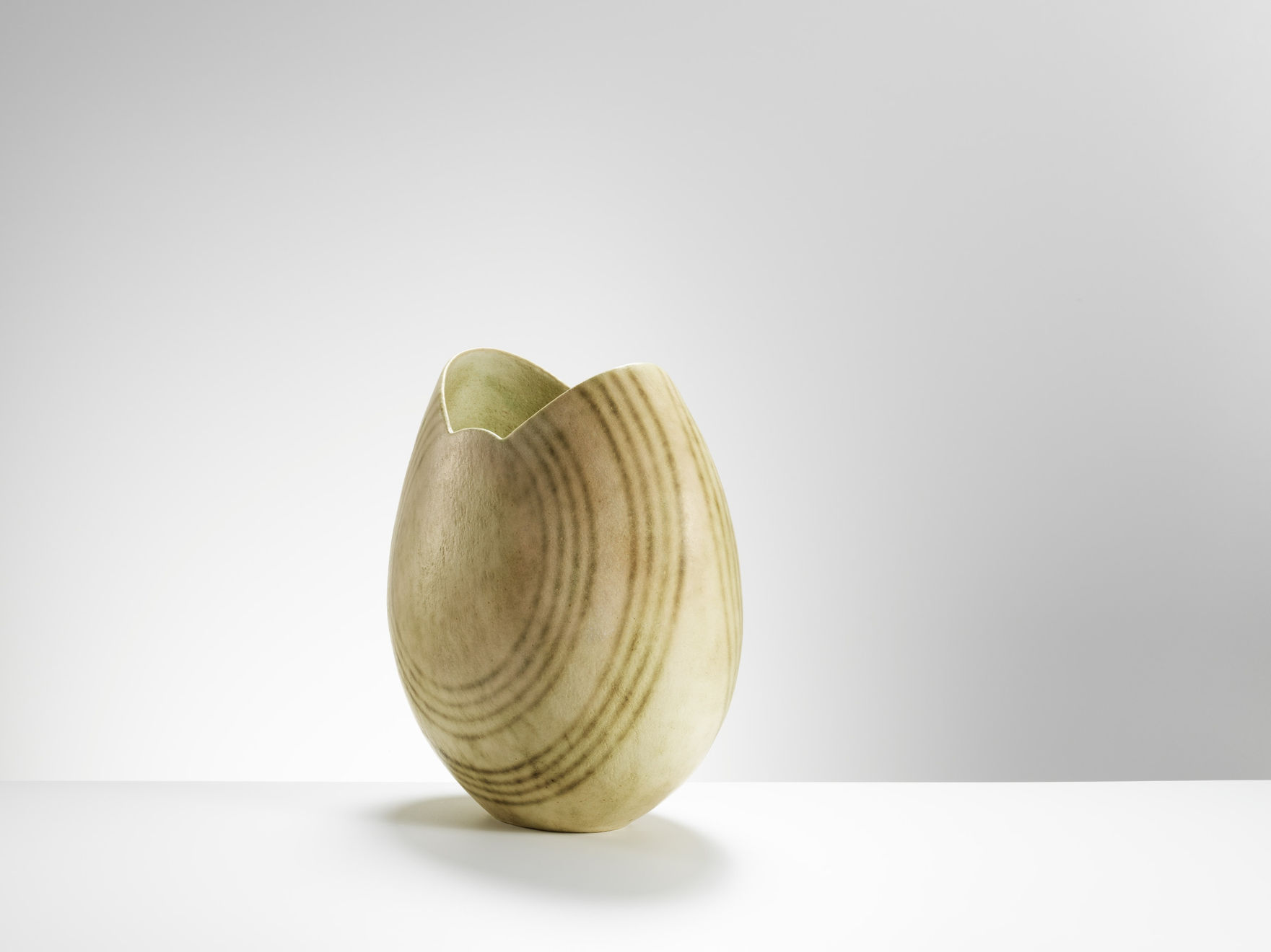 John Ward, Monumental white disc pot with green bands, 1996