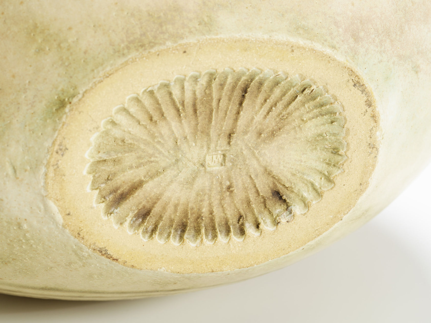 John Ward, Monumental white disc pot with green bands, 1996