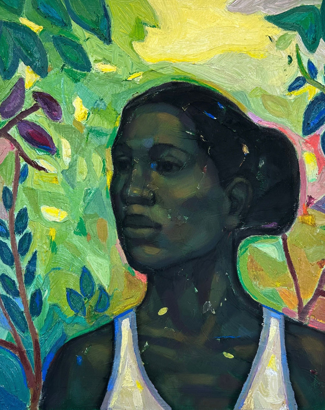 Woman painted in rich green tones, surrounded by foliage, by Stephen Price.