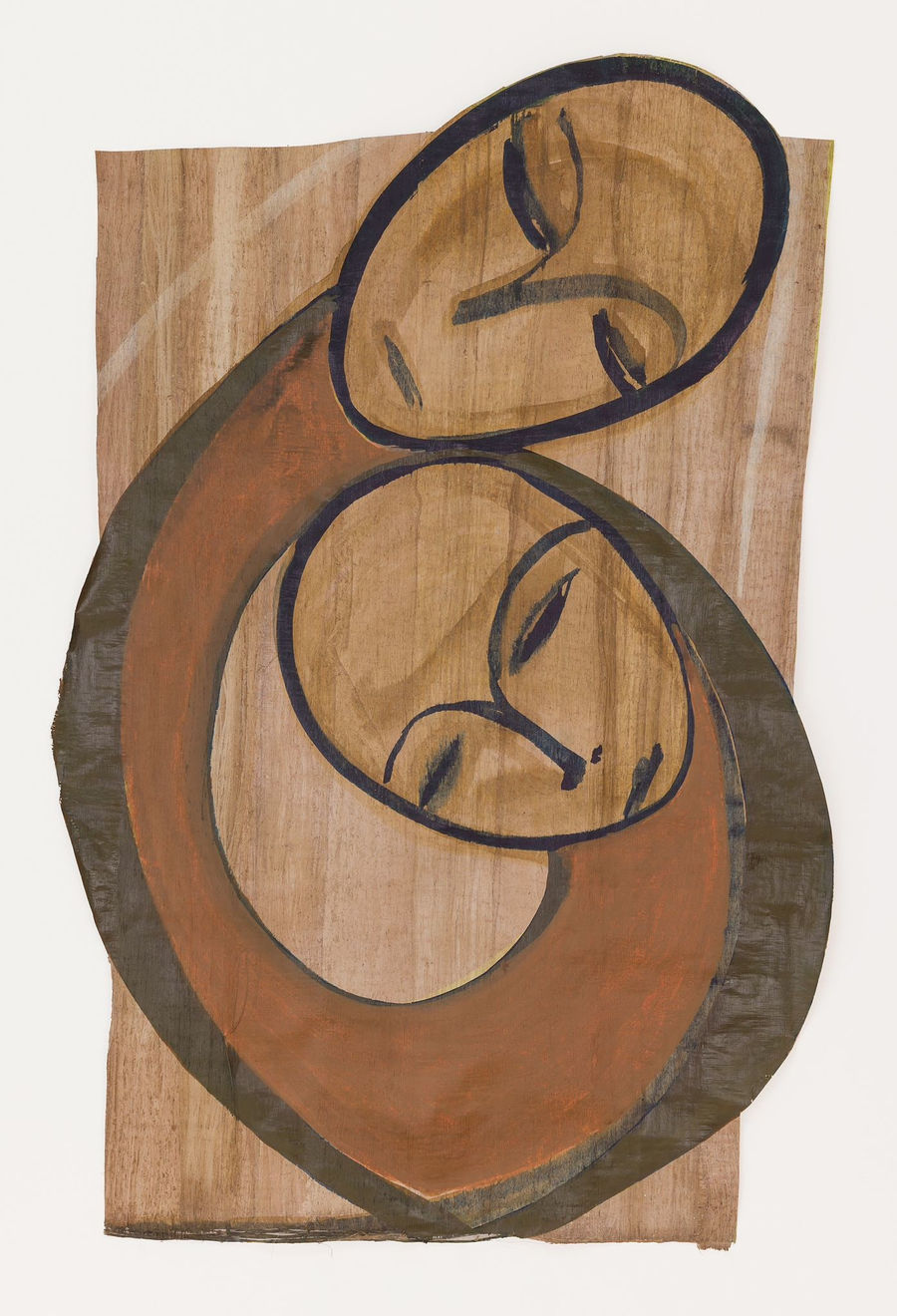 Minimalist figurative painting by Kimia Ferdowsi Kline featuring overlapping oval faces and earthy brown and black tones on Egyptian papyrus.