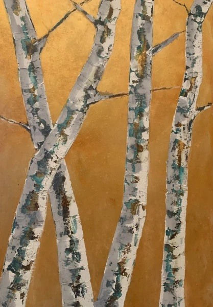 Giclee Print of aspen trees with a gold background by Slate gray gallery artist Katherine Lott