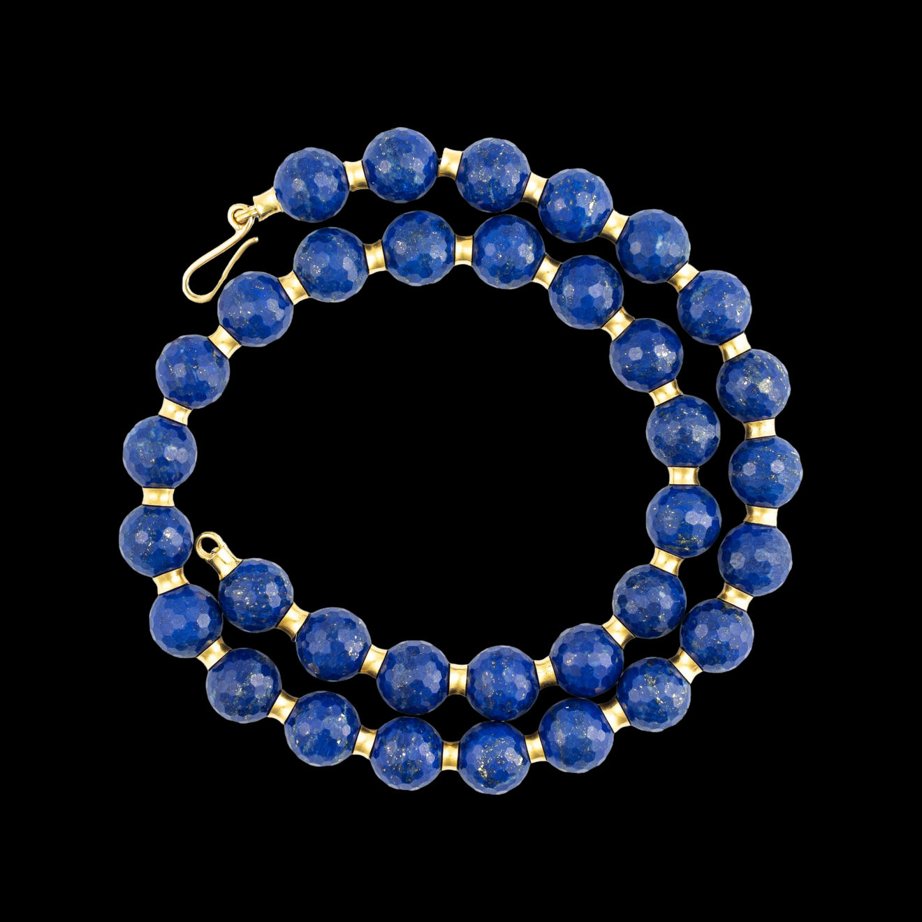 Lapis lazuli faceted bead necklace with gold fluting by Fringe Gallery studio jeweler Nanci Modica