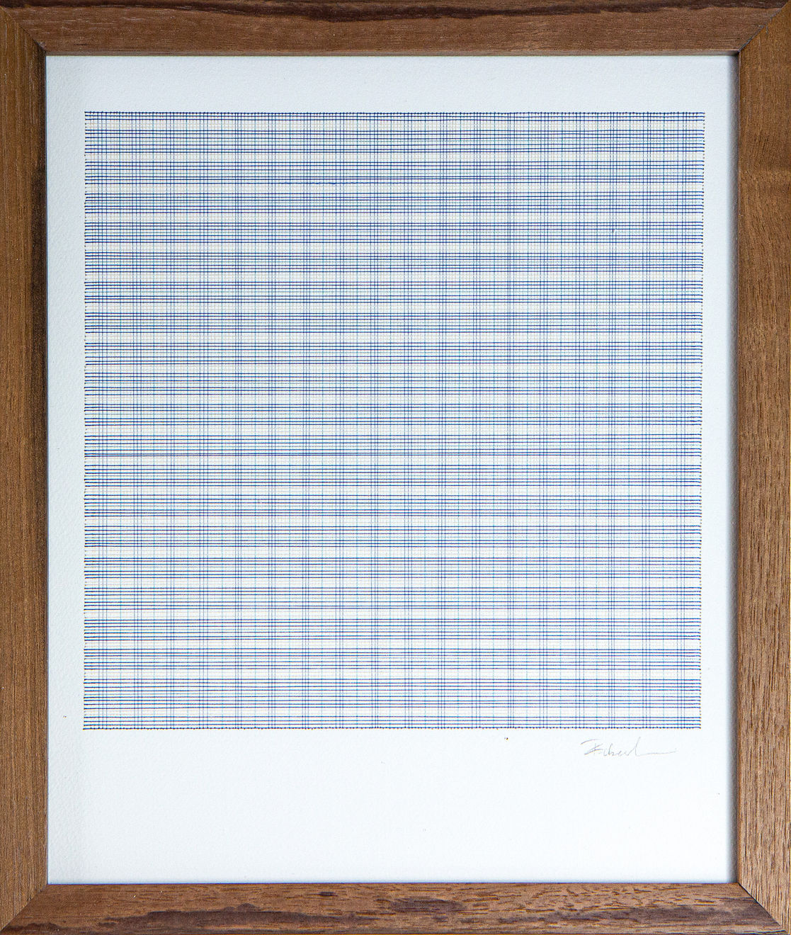 Framed blue thread on paper work by Fringe Gallery artist Rebecca Messier