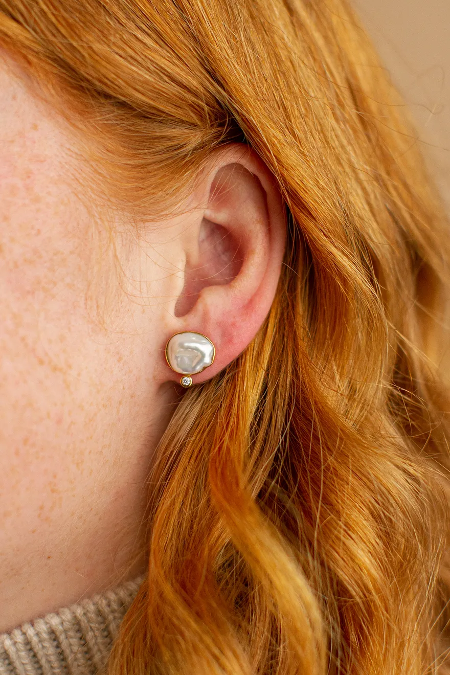 18k yellow gold earrings with Keshi pearls and diamonds by Fringe Gallery studio jeweler Sandra Frias