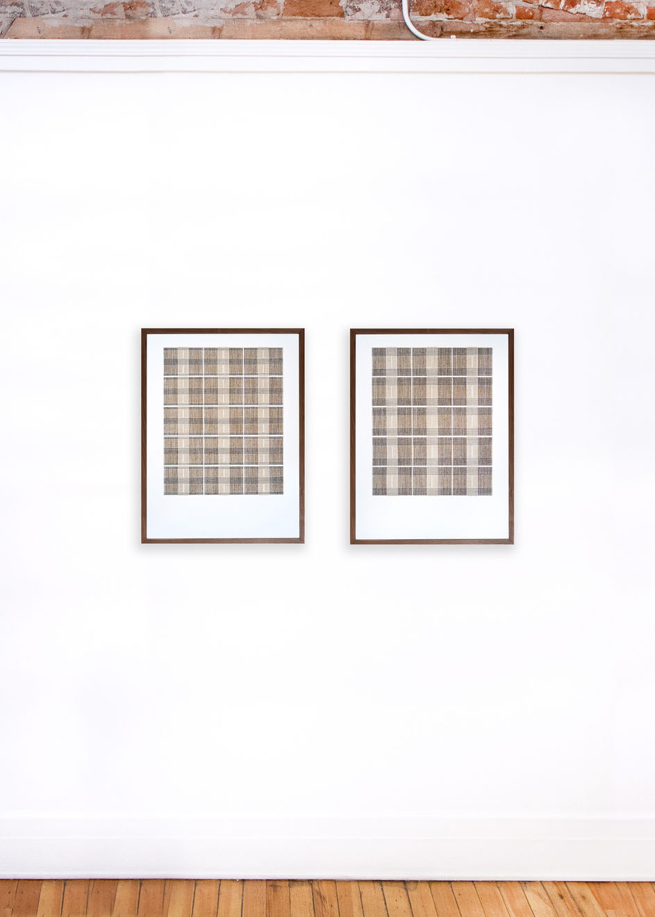Diptych of framed thread on paper works by Fringe Gallery artist Rebecca Messier