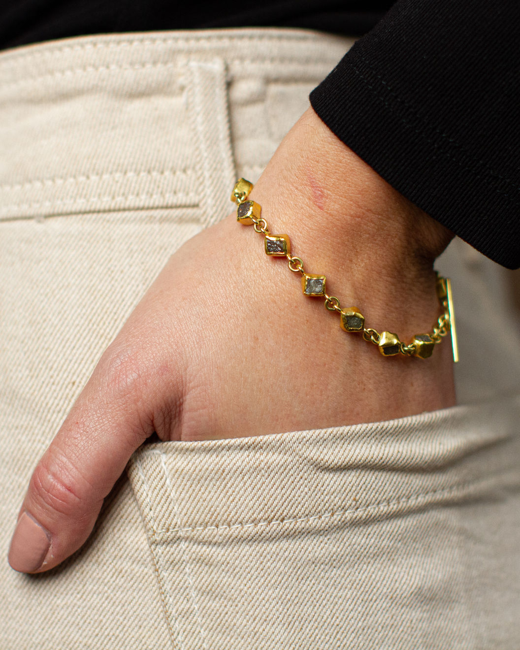 22k and 18k yellow gold bracelet with bezel set diamond crystals by Fringe Gallery studio jeweler Petra Class.