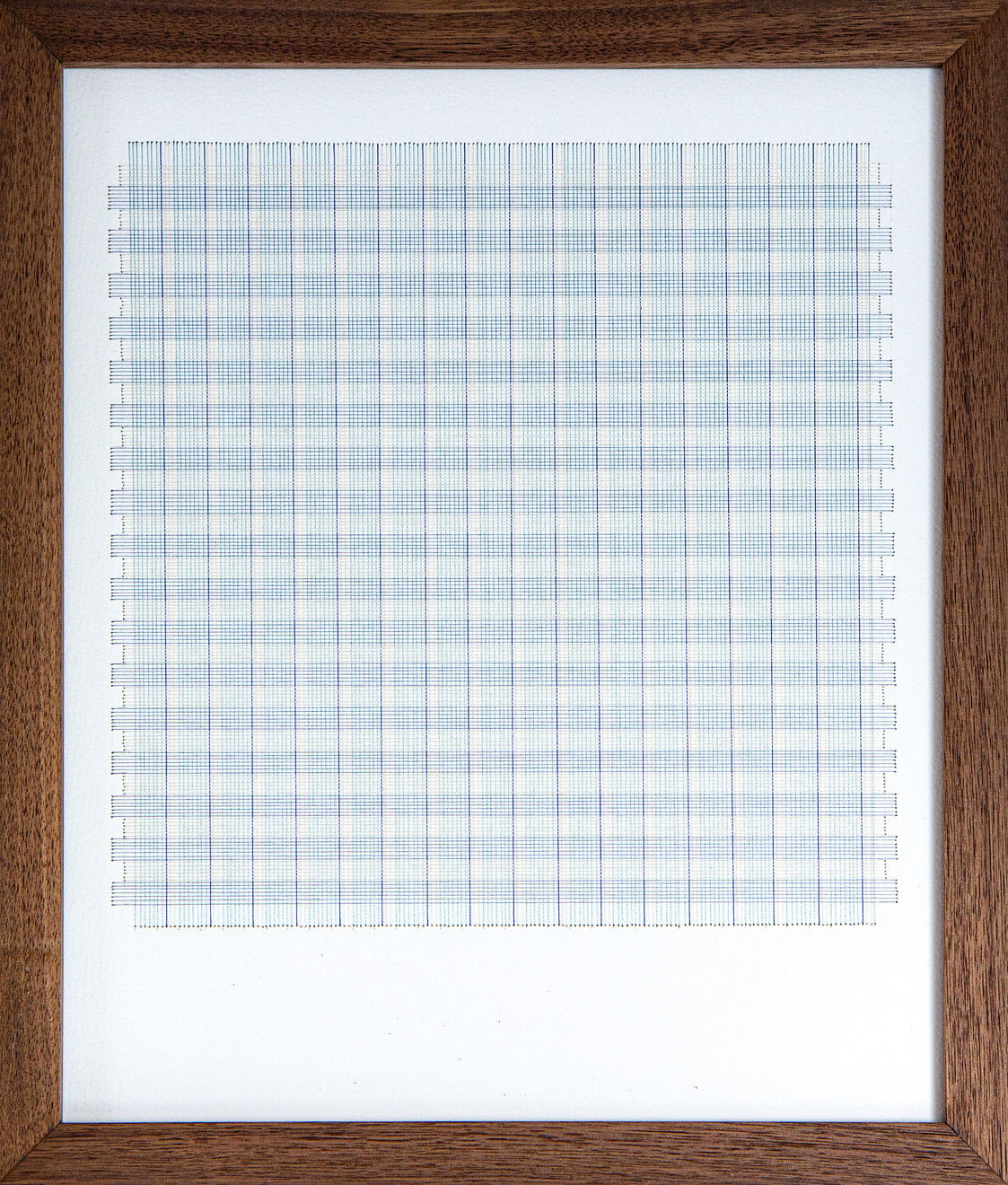 Framed blue thread on paper work by Fringe Gallery artist Rebecca Messier