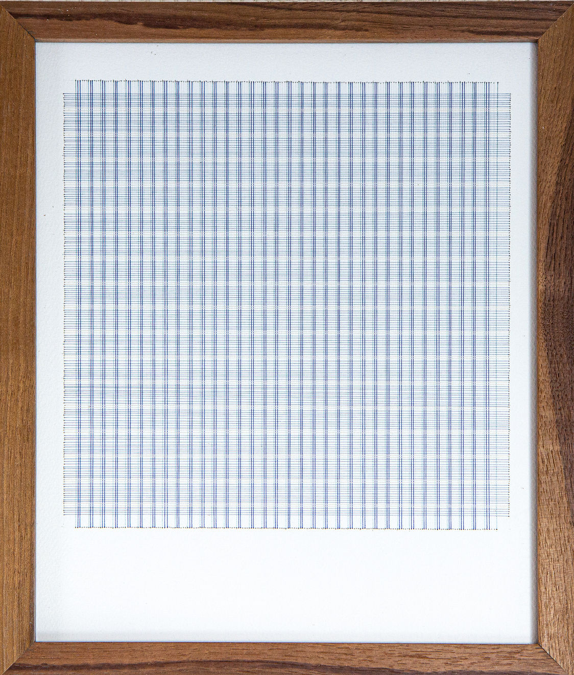 Framed blue thread on paper work by Fringe Gallery artist Rebecca Messier