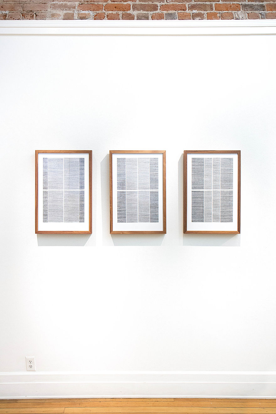 Triptych of framed blue thread on paper works by Fringe Gallery artist Rebecca Messier