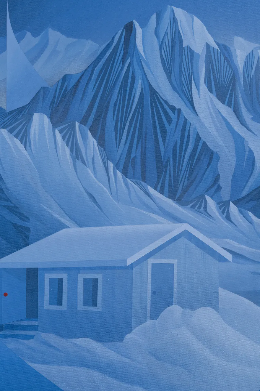 Circular painting showing a blue gradient mountain scene with a hut structure and a full blood moon