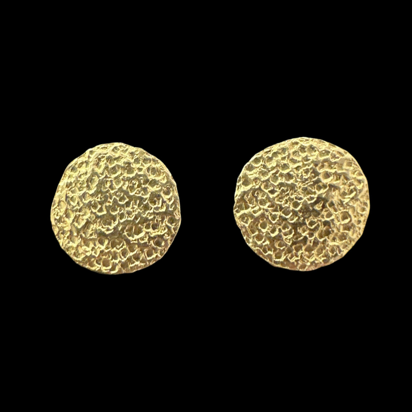 22k yellow gold round disc textured studs by Fringe Gallery studio jeweler Petra Class