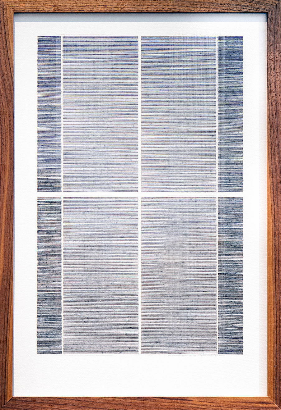 Framed blue thread on paper work by Fringe Gallery artist Rebecca Messier