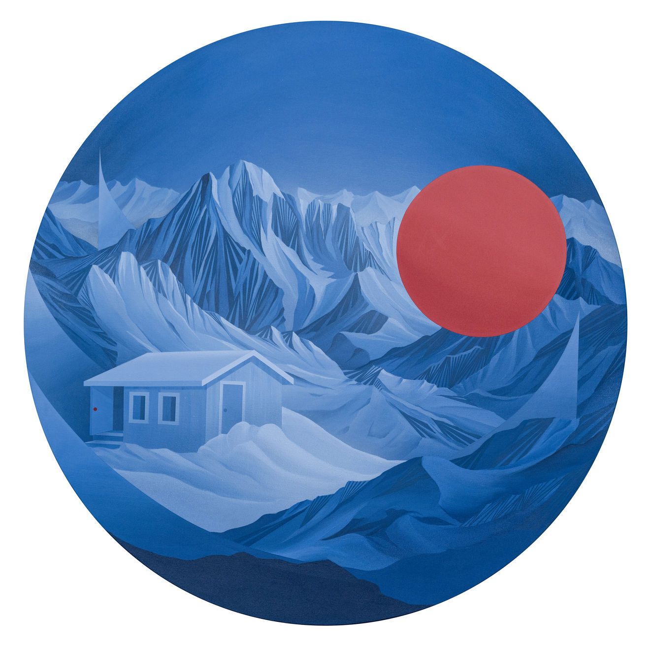Circular painting showing a blue gradient mountain scene with a hut structure and a full blood moon