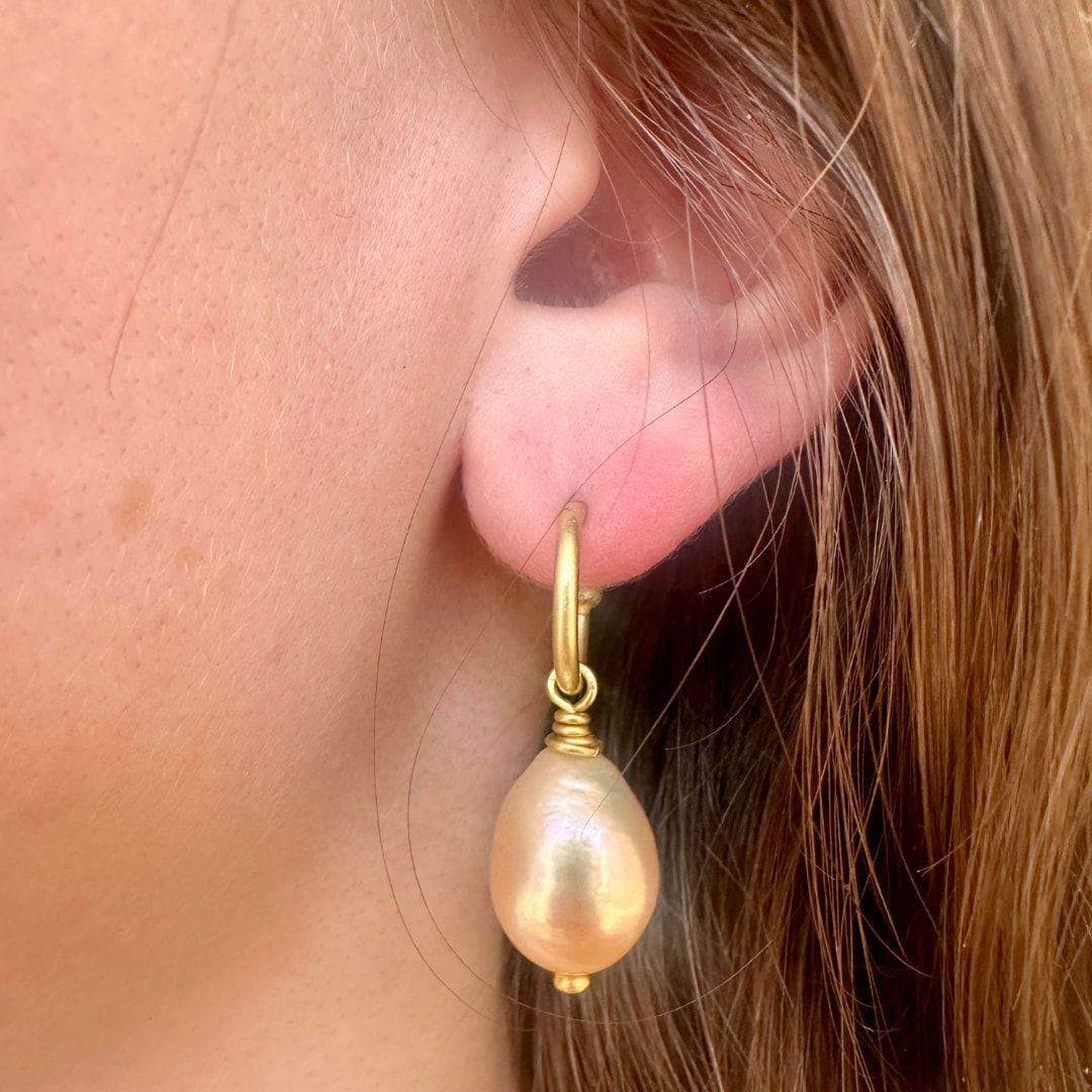 South Sea Peach Pearl Drops by Fringe Gallery studio jeweler Marki Knopp