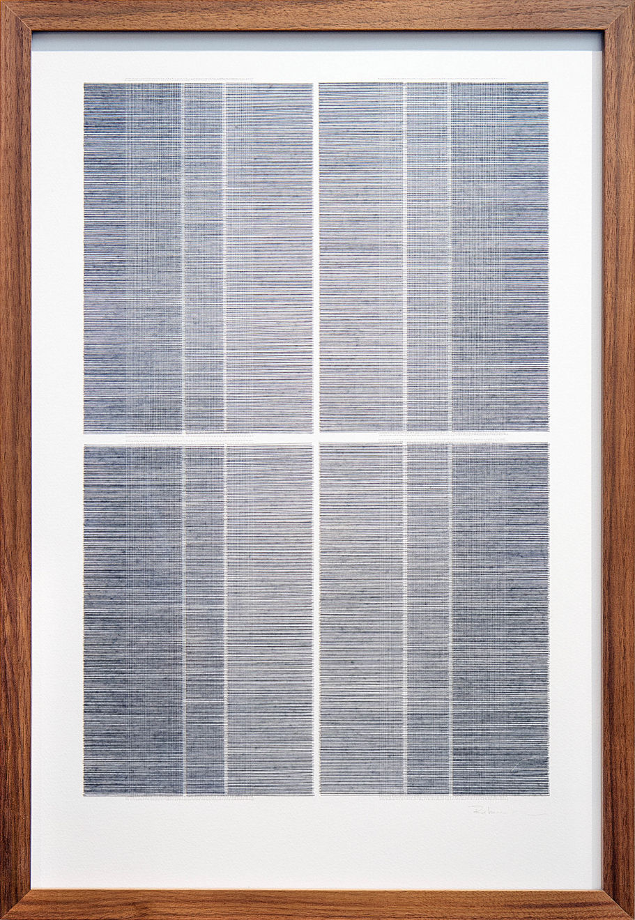 Framed blue thread on paper work by Fringe Gallery artist Rebecca Messier