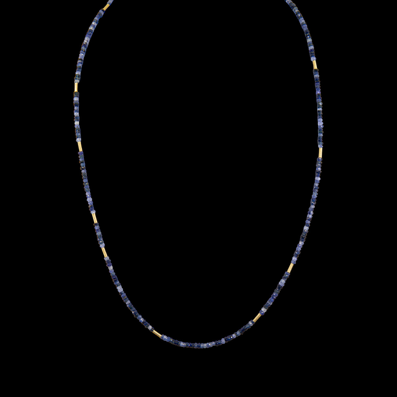 Sapphire bead necklace with 18k yellow gold tubing by Fringe Gallery studio jeweler Petra Class