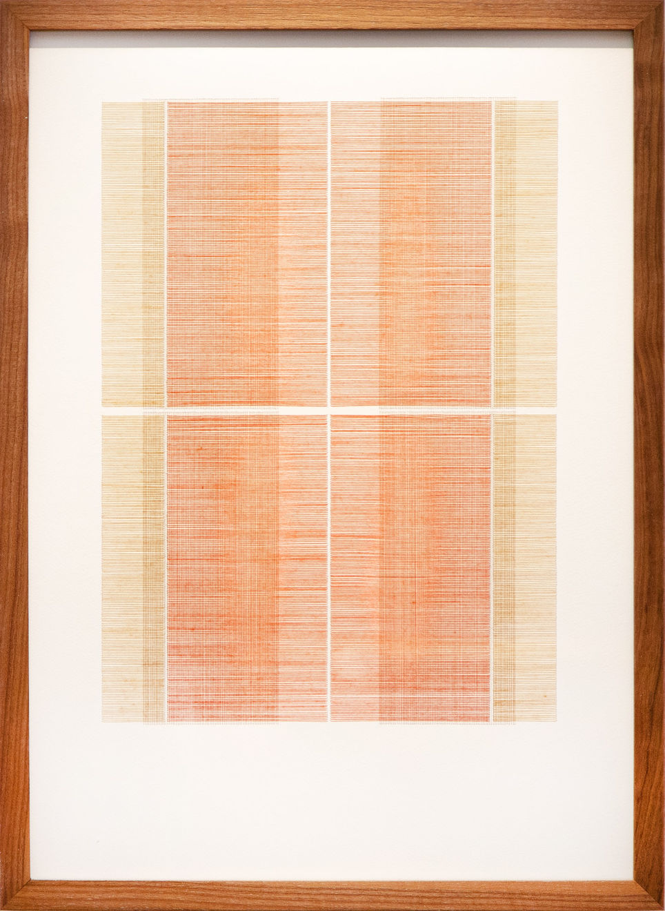 Framed tan and orange thread on watercolor paper by Fringe Gallery artist Rebecca Messier