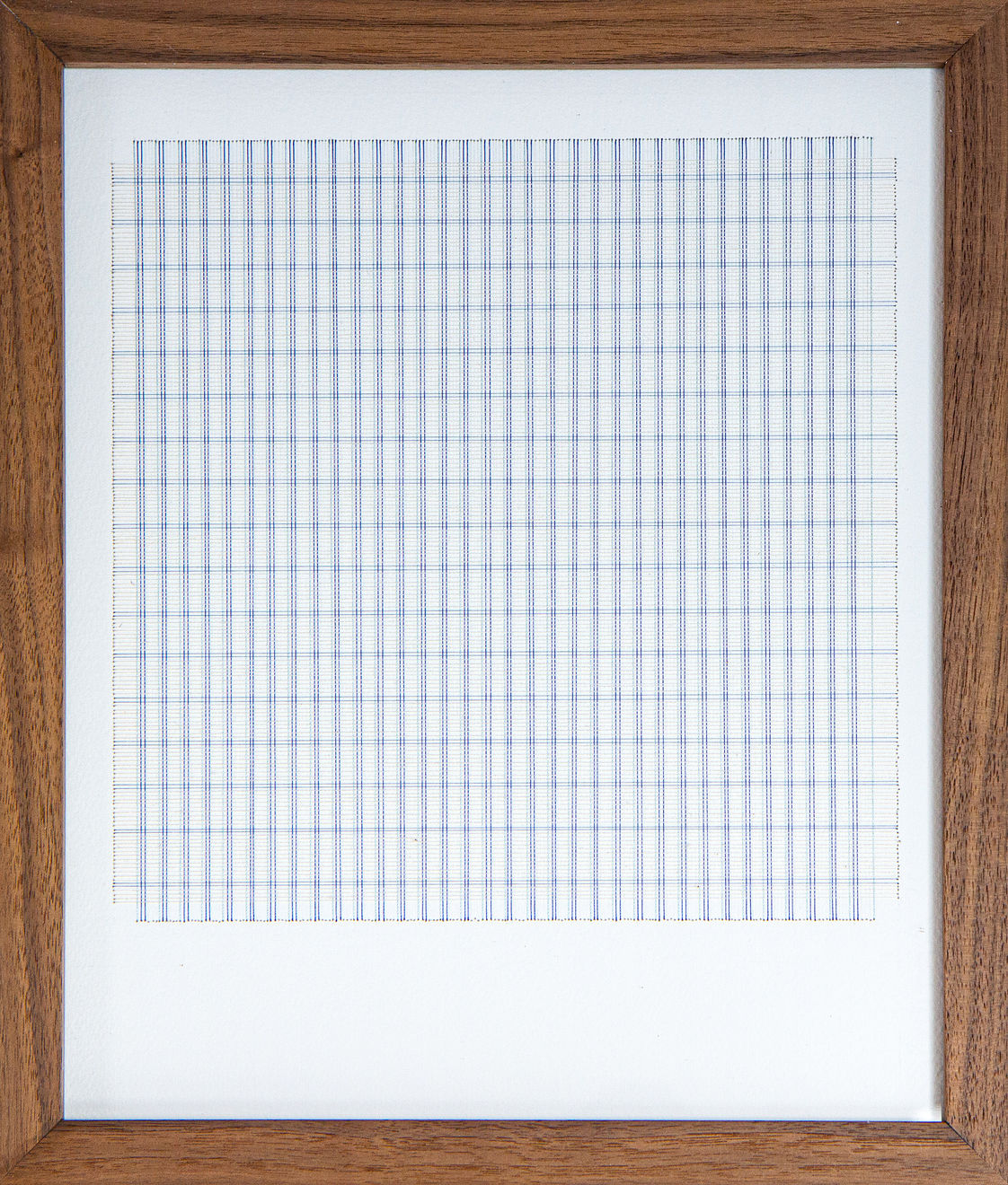 Framed blue thread on paper work by Fringe Gallery artist Rebecca Messier