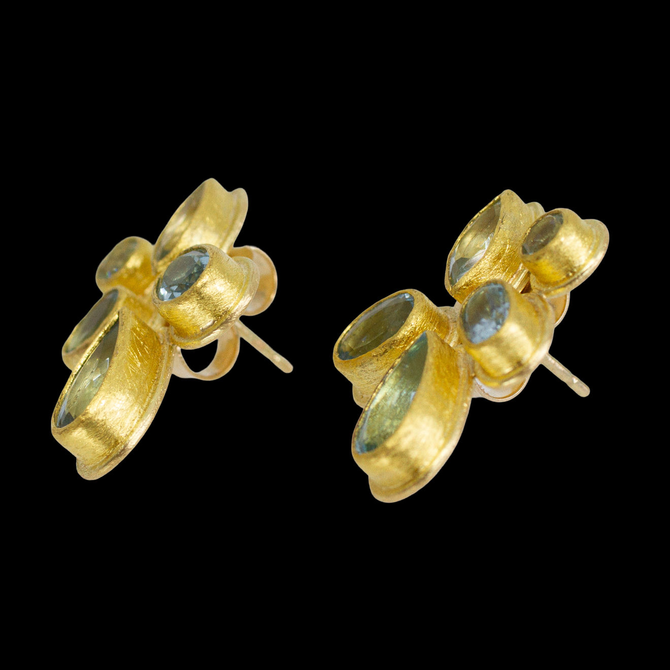 22k yellow gold earrings with bezel set mixed shape aquamarines by Fringe Gallery studio jeweler Petra Class