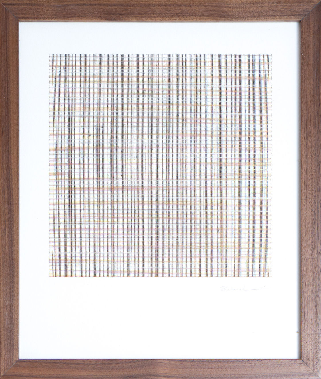 Framed tan thread on paper work by Fringe Gallery artist Rebecca Messier