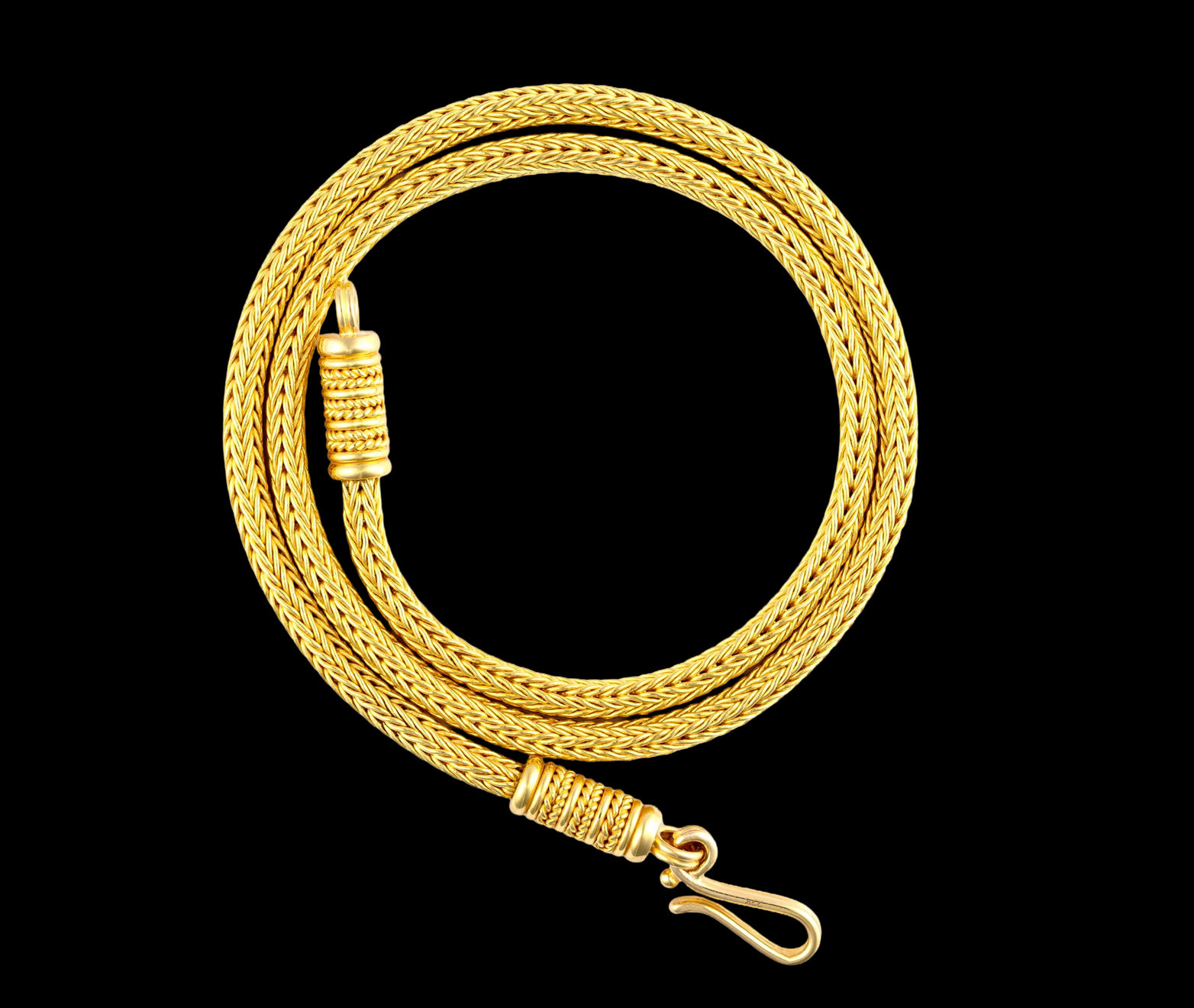 Quadruple handwoven 22k yellow gold chain necklace with granulations by Fringe Gallery studio jeweler Nanci Modica