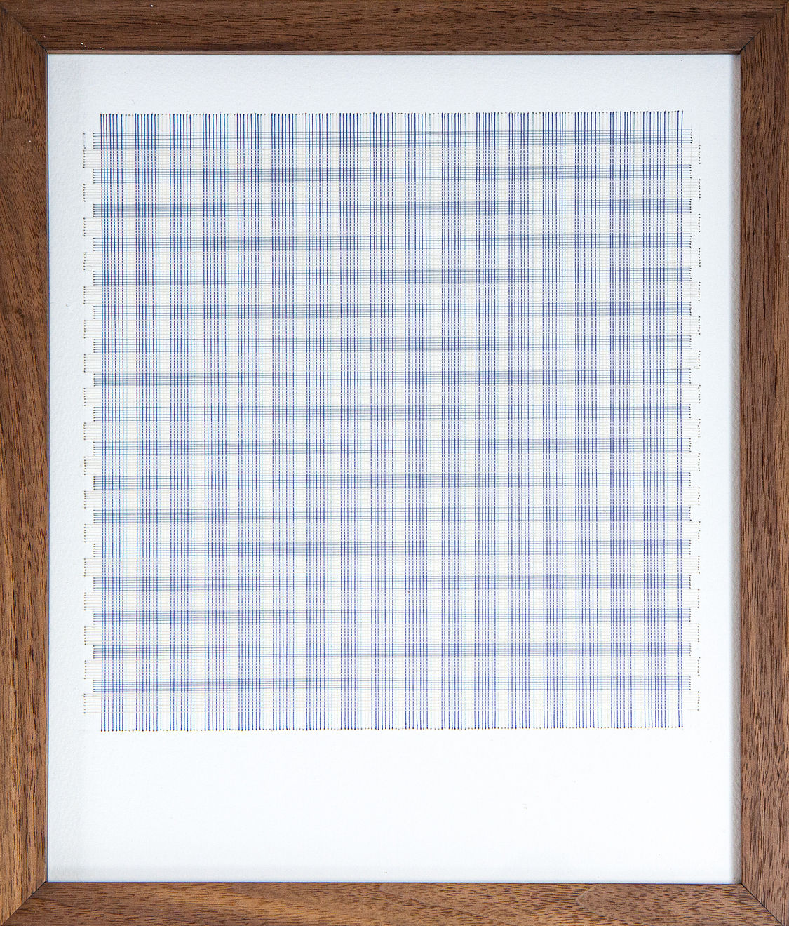 Framed blue thread on paper work by Fringe Gallery artist Rebecca Messier